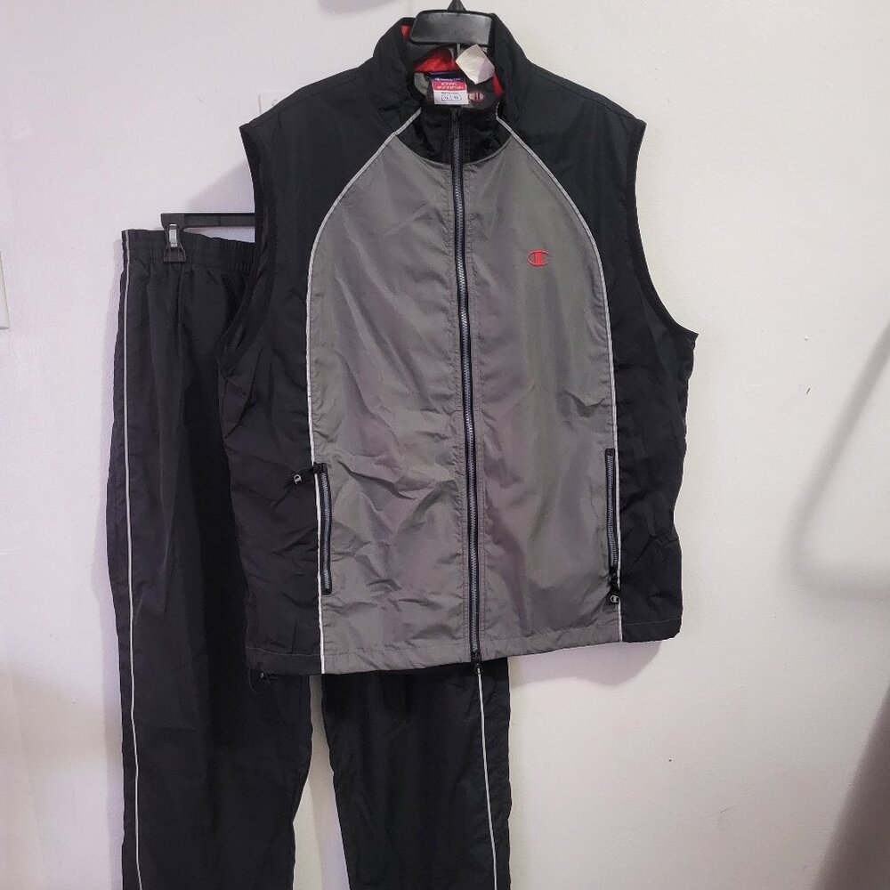 Champion Tracksuit Mens Black an gray 2 Piece Pants sleevele Jacket Mesh Size XL